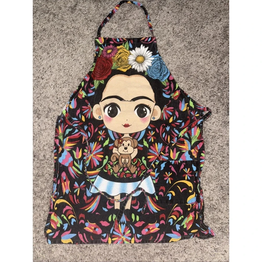 Frida Kahlo cartoon Mandil Apron‎ multi purpose pocket Sunflower Monkey flowers